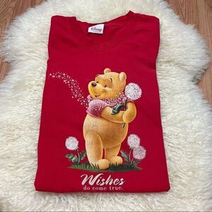 Vintage Y2K Disney Red Winnie the Pooh Wishes Do Come True Dandelion T-shirt L